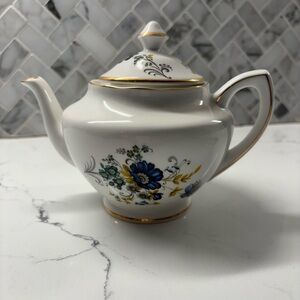 Royal Tara China Floral White and Blue Teapot with Gold Accents